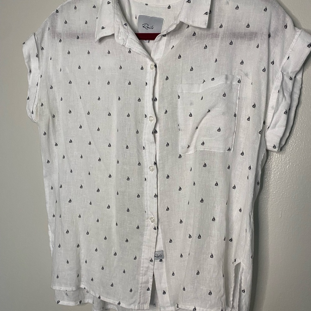 Rails White Button-Down Shirt with Small Navy Sailboat Print